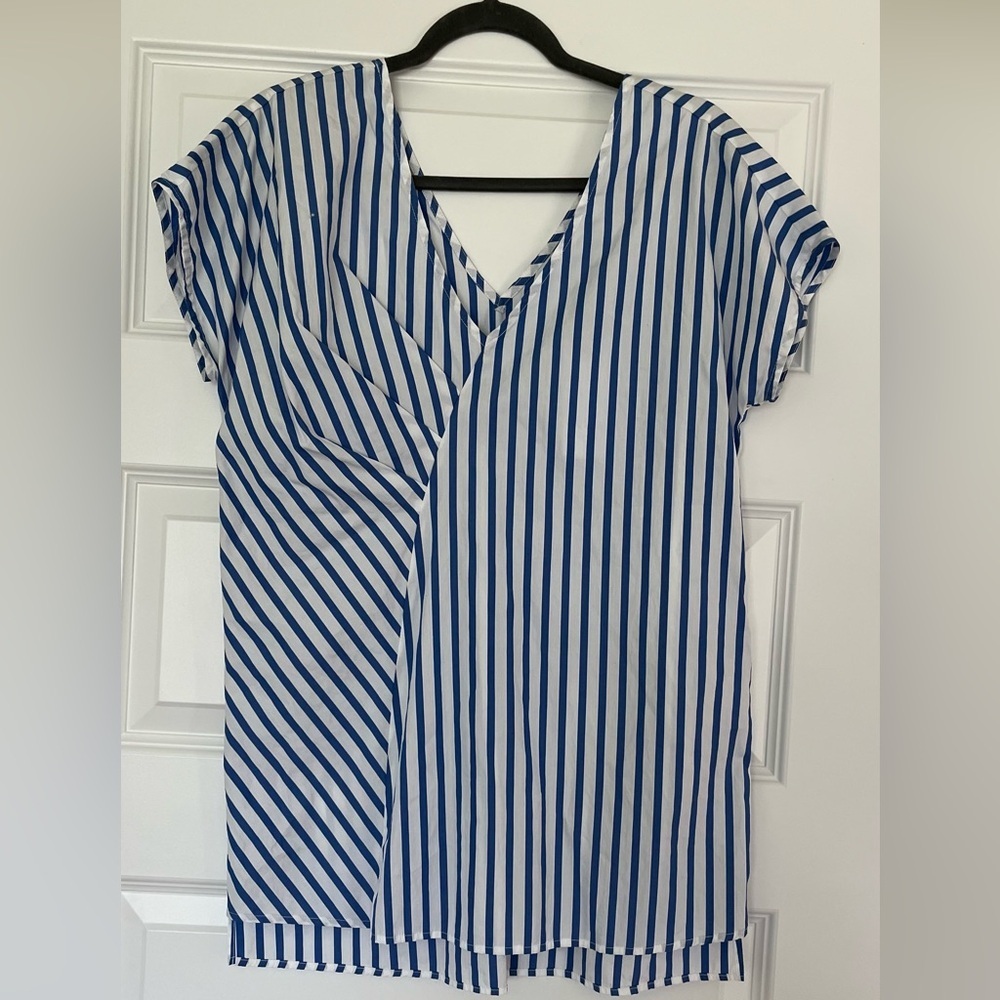 Harshman Blue and White Faux Wrap 100% Cotton Blouse Top